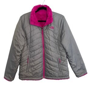 The North Face Mossbud Swirl Reversible Jacket Gray Pink Quilted Fleece Large